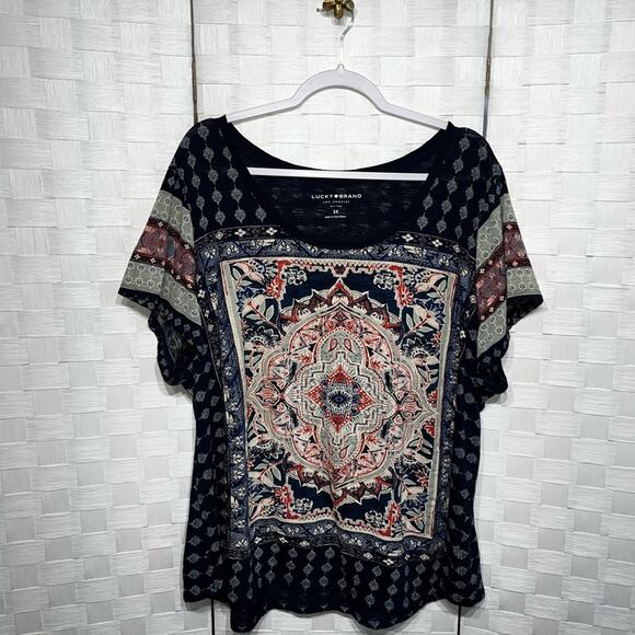 Lucky Brand Womens Persian Carpet Tee Shirt Plus Size 3X Navy Multi Color Blouse - Picture 12 of 15
